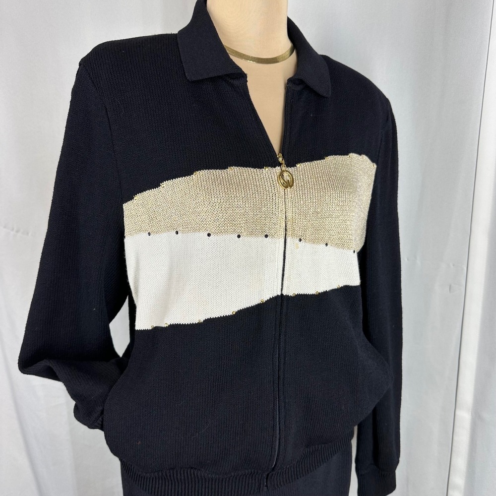 Vtg‎ St. John Sport Marie Gray Black Gold Knit Zip Cardigan Jacket Size S READ